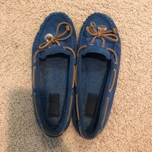 Coach Blue Suede Moccasin Slippers with Tan Laces